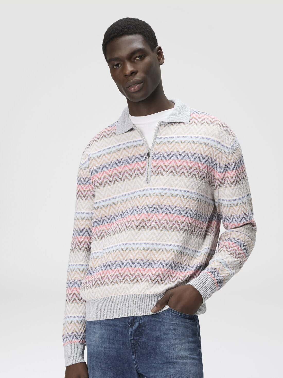 Long-sleeved zig zag knit polo shirt with half-zip collar - 4