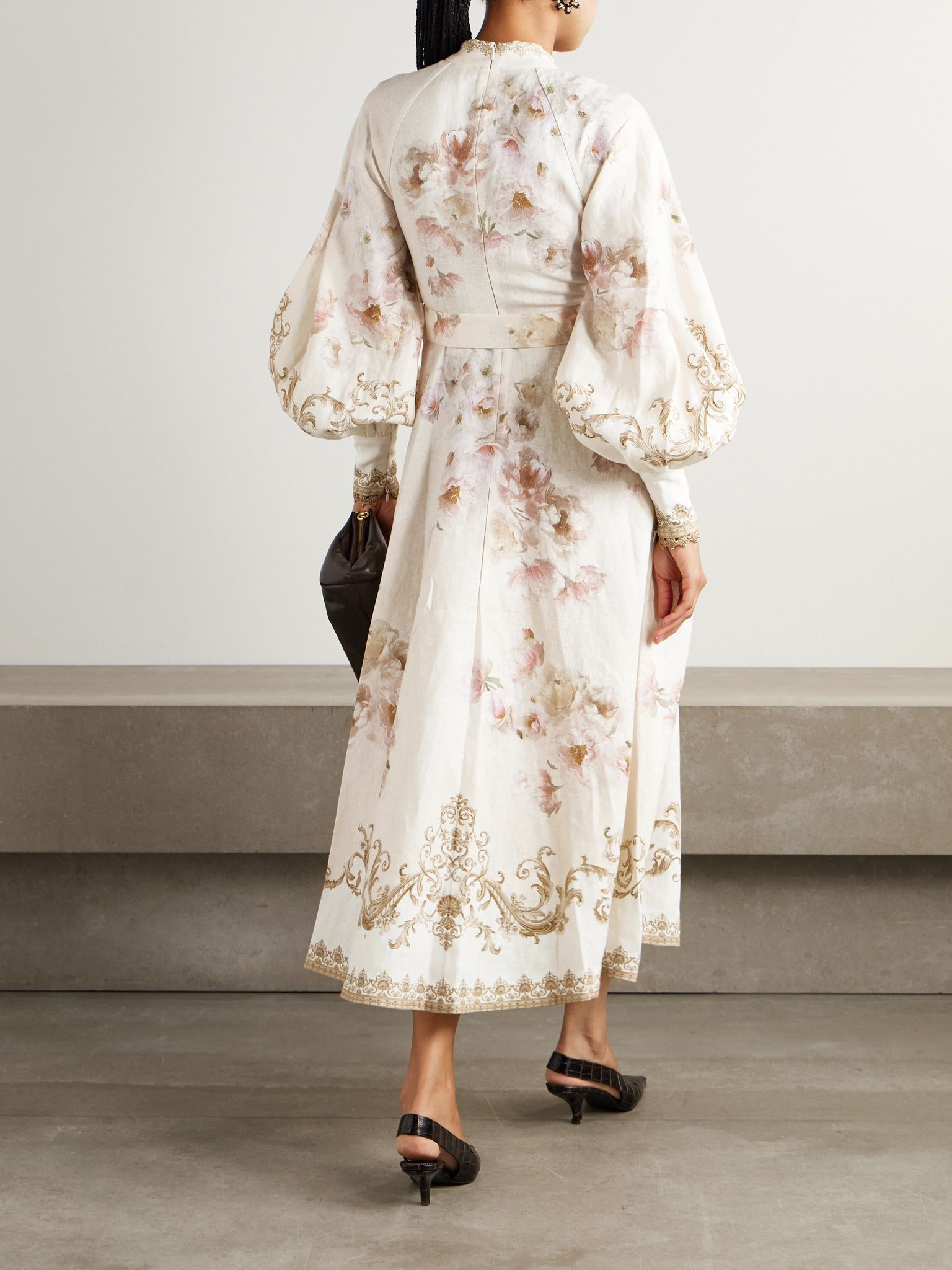 Belted floral-print linen midi dress Cream - 4