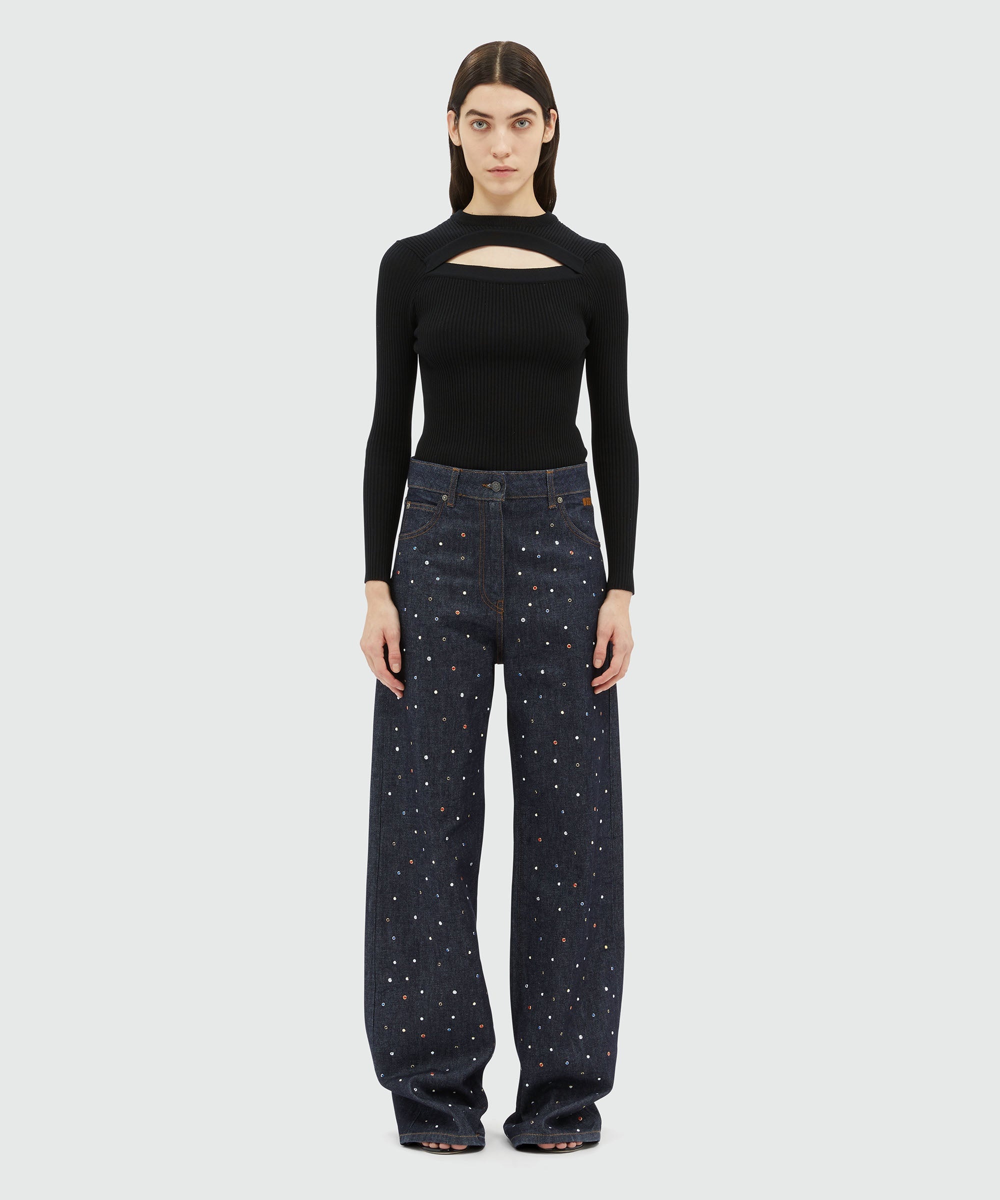 MSGM Wide-leg dark blue denim pants with studs | REVERSIBLE