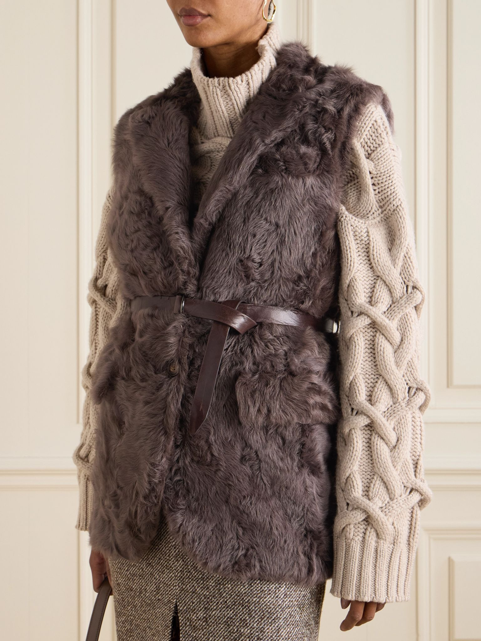 Leather-trimmed belted plush fabric gilet Dark brown - 3