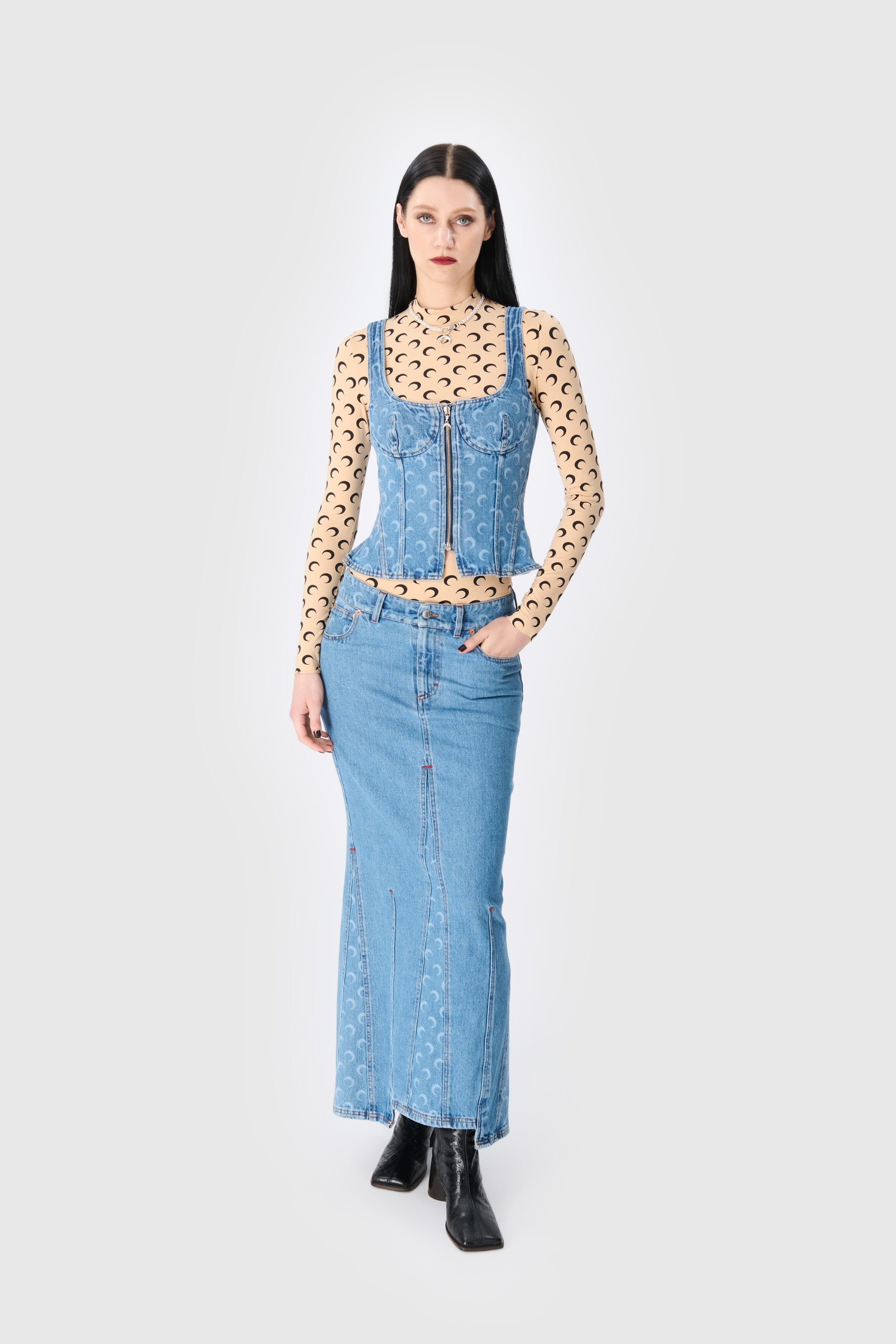 スカート MARINE SERRE MOON LASERED DENIM SKIRT LONG Marine Serre Moon Laser Denim Long Skirt | REVERSIBLE