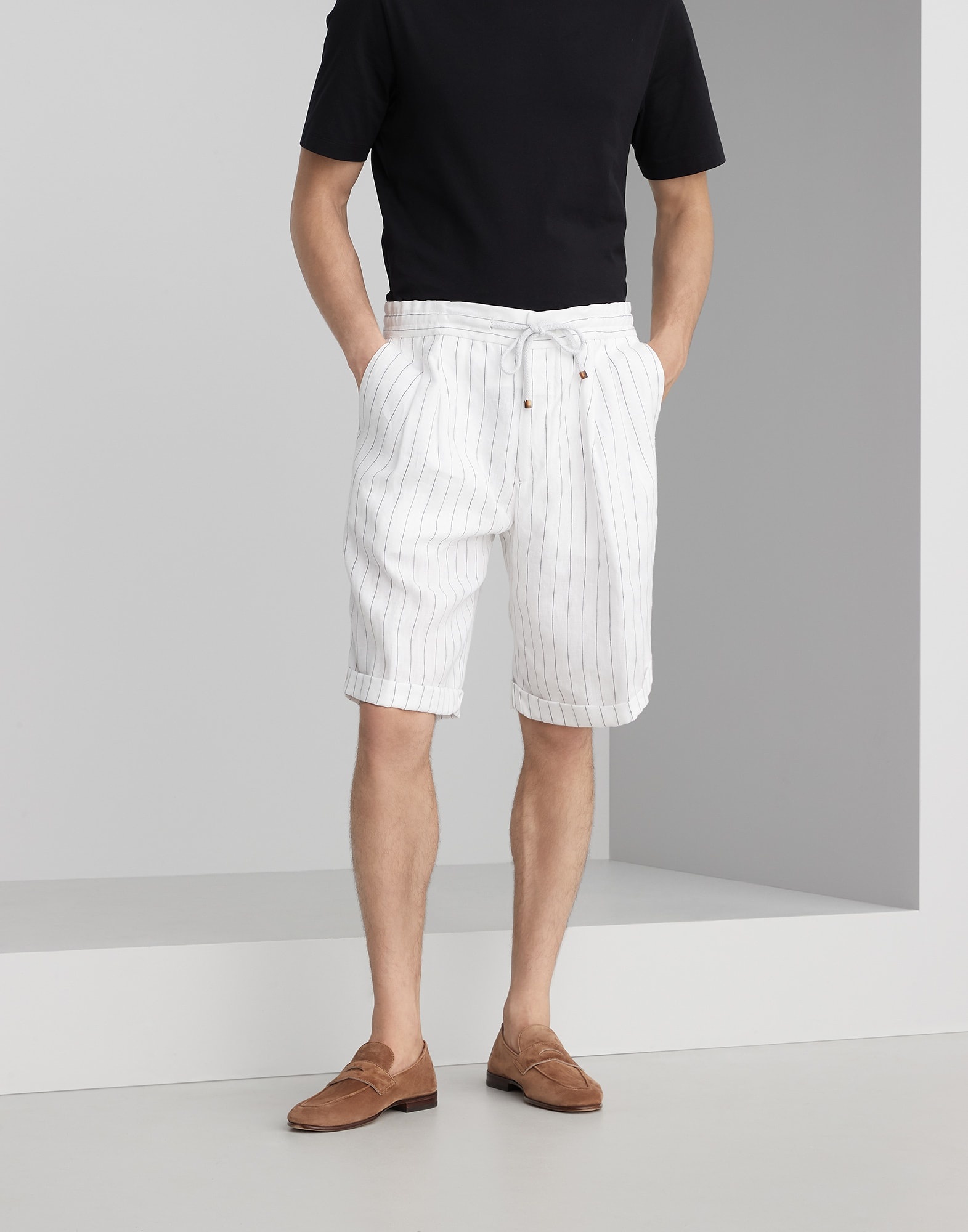 Linen chalk stripe Bermuda shorts with drawstring and double pleats - 1