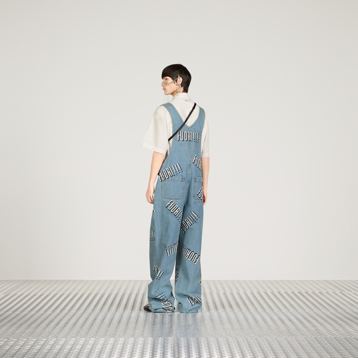 Cotton denim overall with Fuori!! print - 3