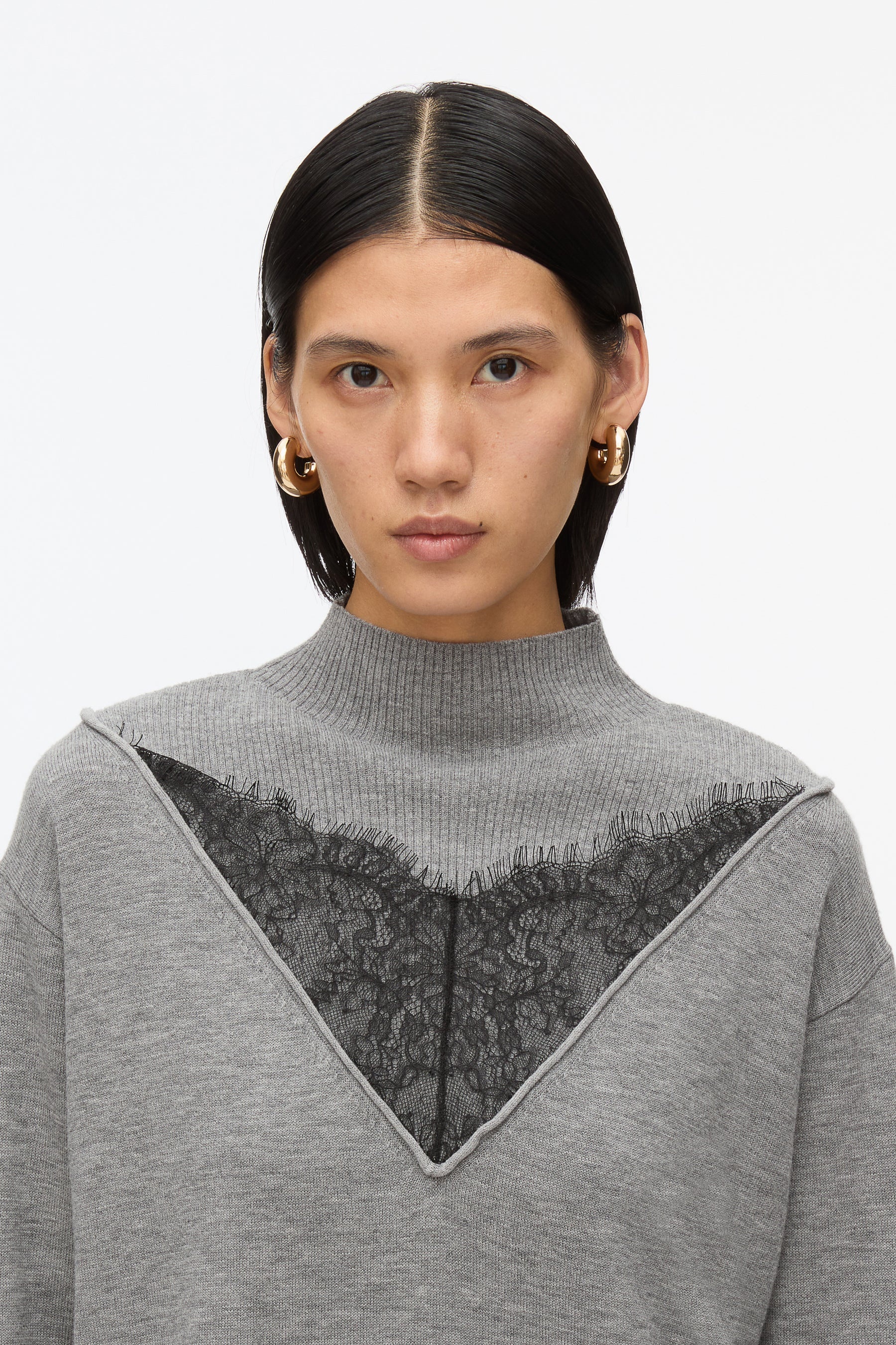 Mockneck Knit Dress with Lace Inlay - 4