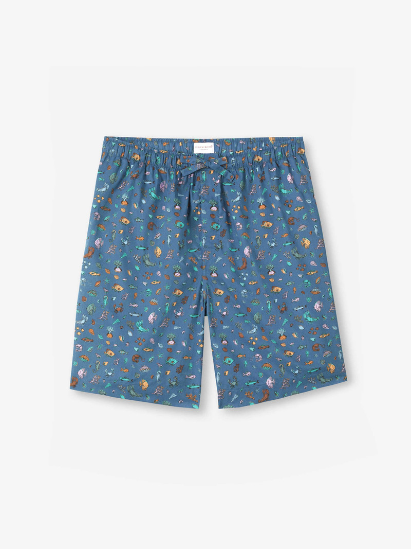 Derek Rose Men's Lounge Shorts Cotton Batiste Blue Sea Friends Print outlook
