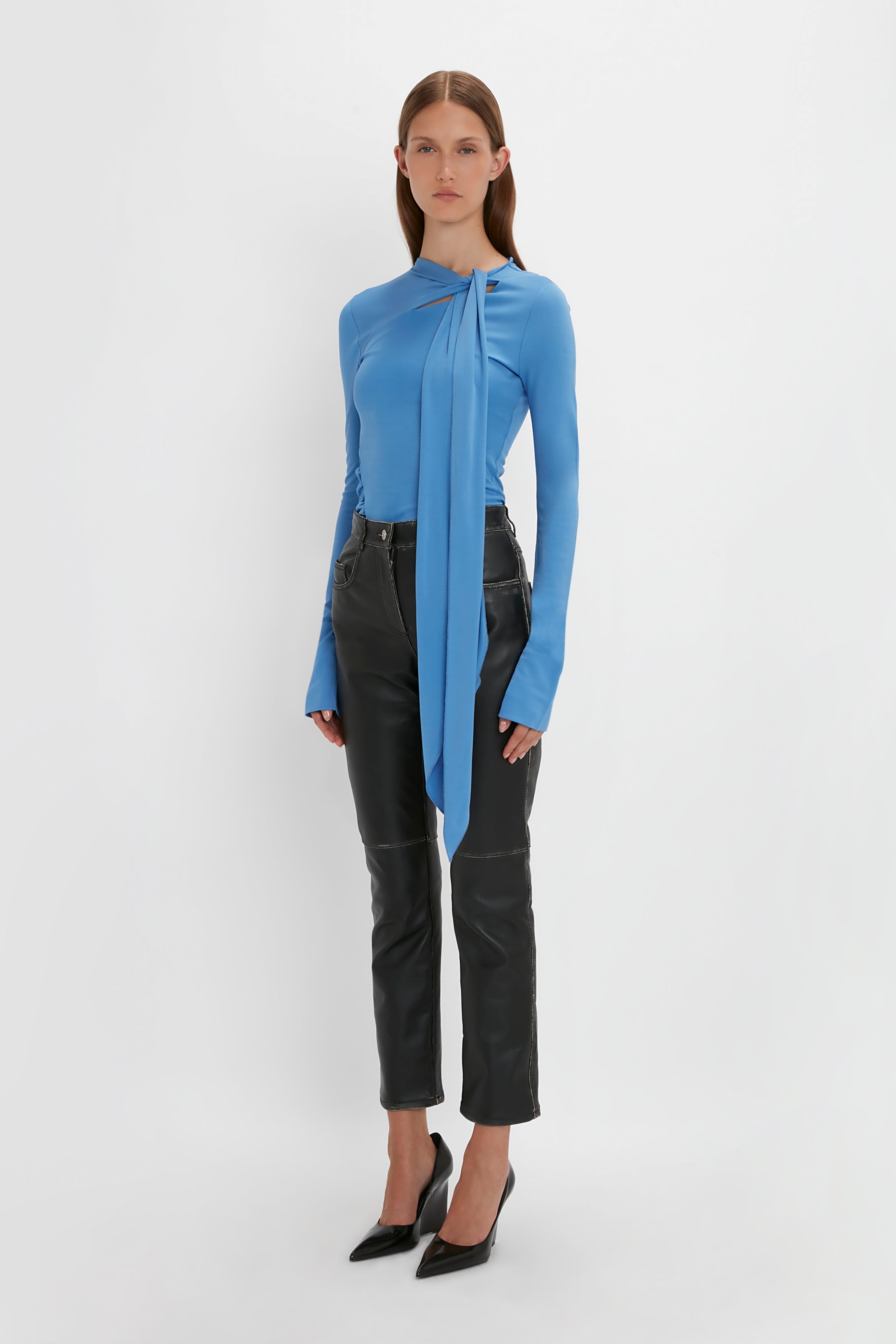 Tie Detail Top In Oxford Blue - 3
