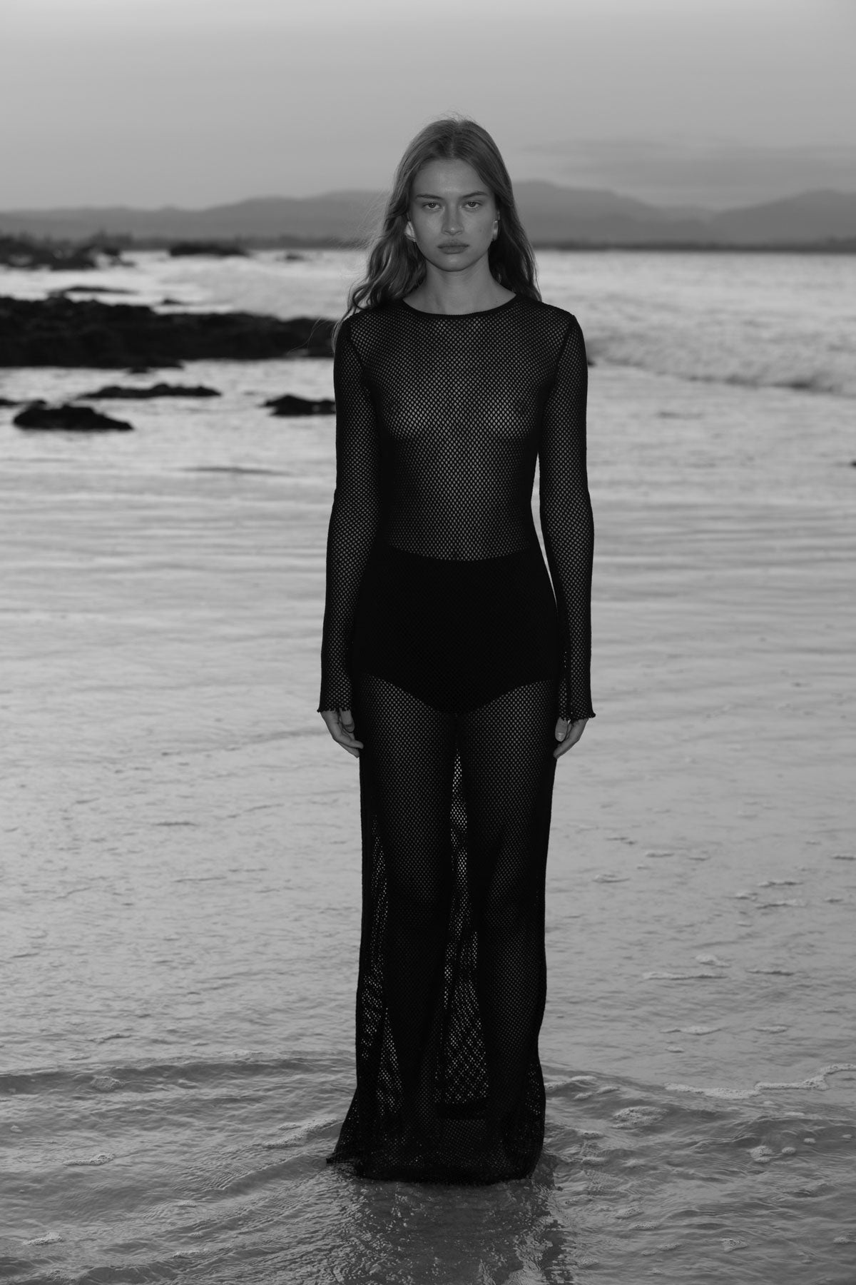Mesh Long Sleeve Dress - Black - 6