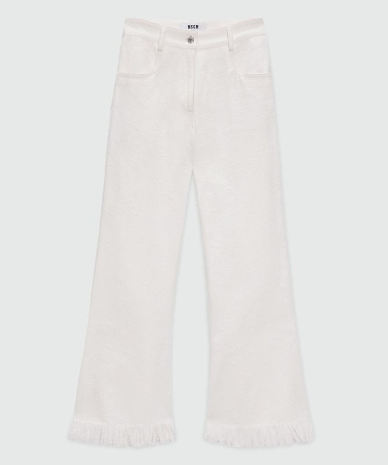 White frayed raw cotton flare Capri trousers. 1