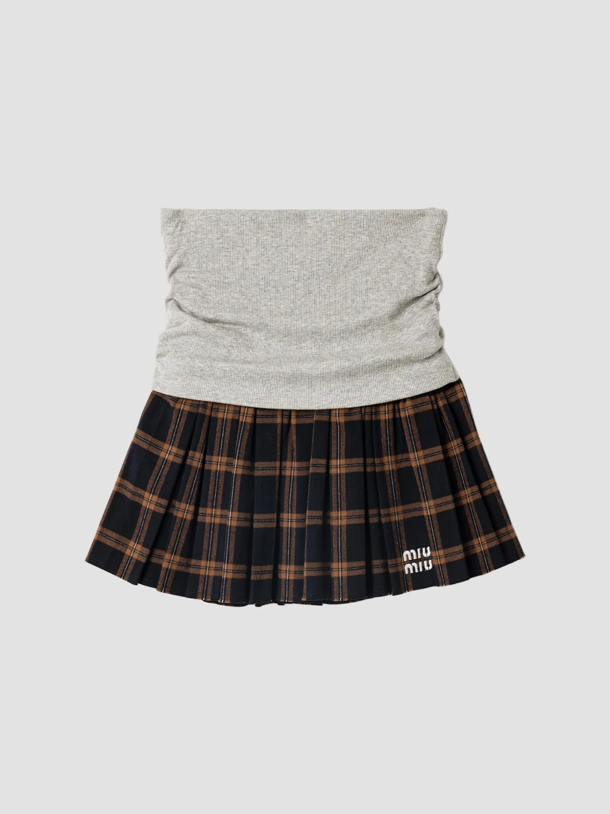 Women's Ribbed Knit and Checked Flannel Skirt - Grey - 1