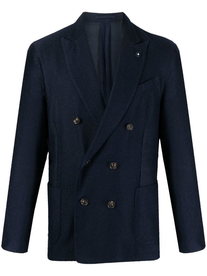 double-breasted logo-plaque blazer 1