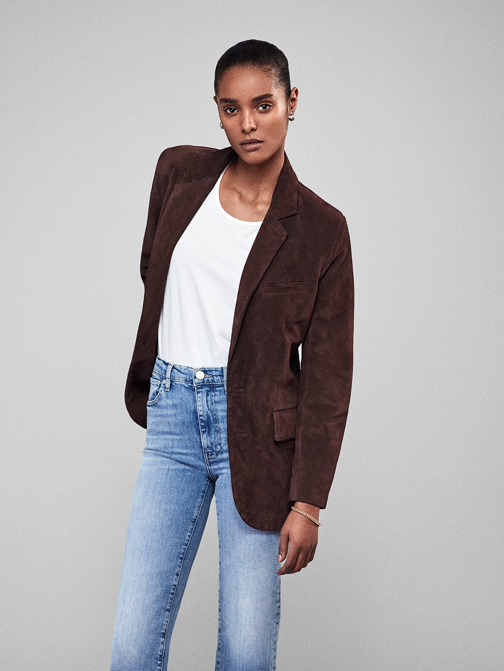 Grandfather Suede Blazer in Chocolate Brown - 2