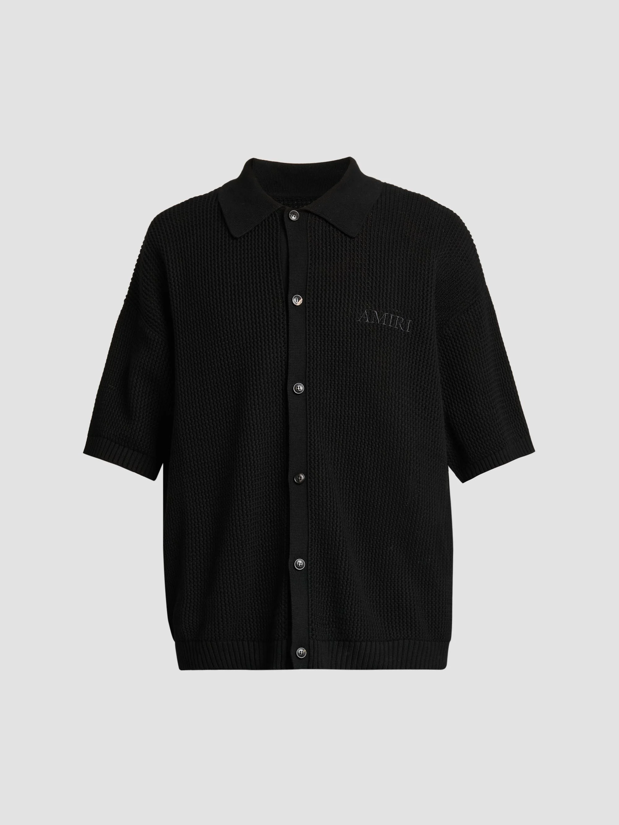 Men's Crochet-Knit Mesh Cotton Shirt - Black - 1