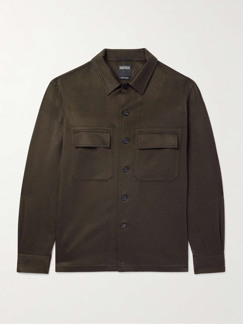Camp-Collar Logo-Appliquéd Leather-Trimmed Oasi Cashmere Overshirt 1