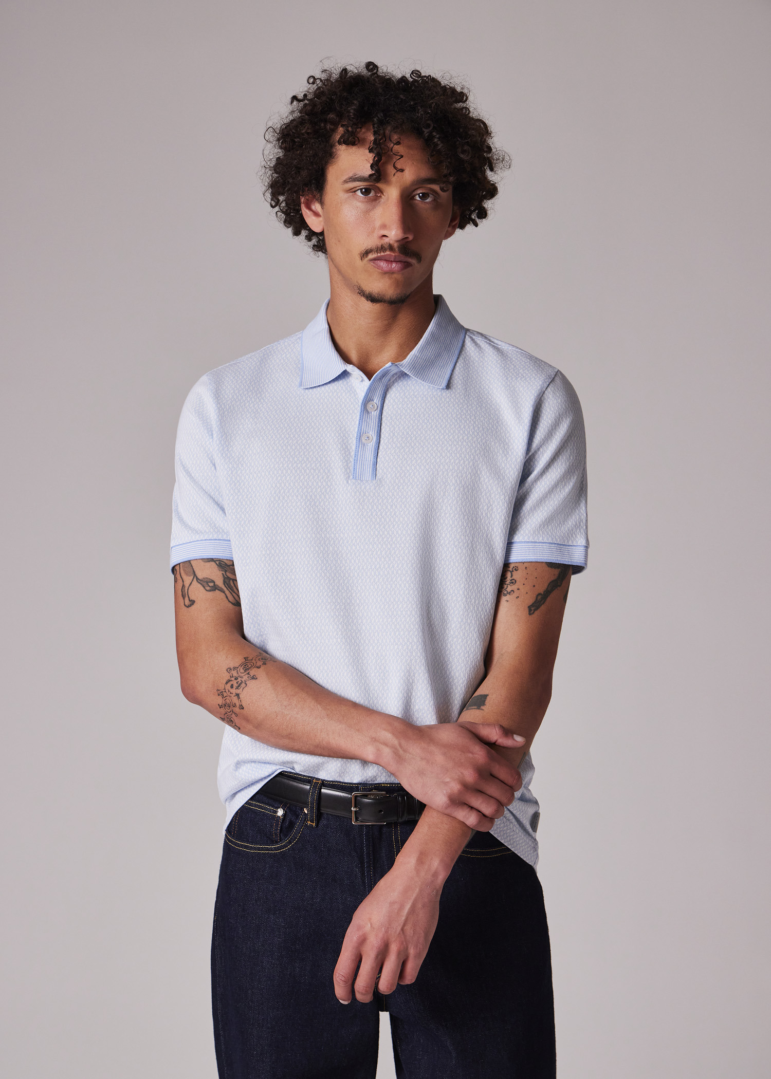 Light Blue Geo Mercerised Cotton Polo Shirt - 4