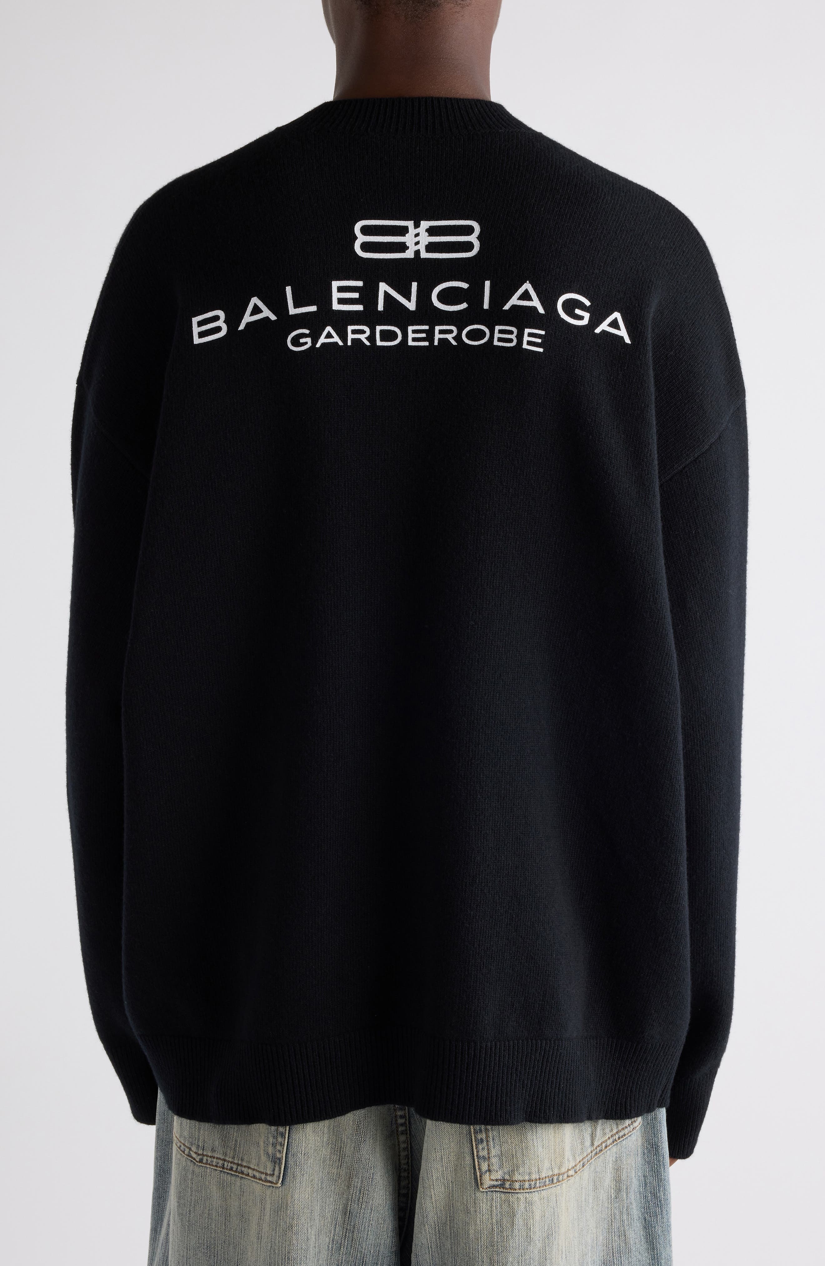 Balenciaga Relaxed Logo Embroidered Virgin Wool Sweater in 1000 Black at Nordstrom - 3