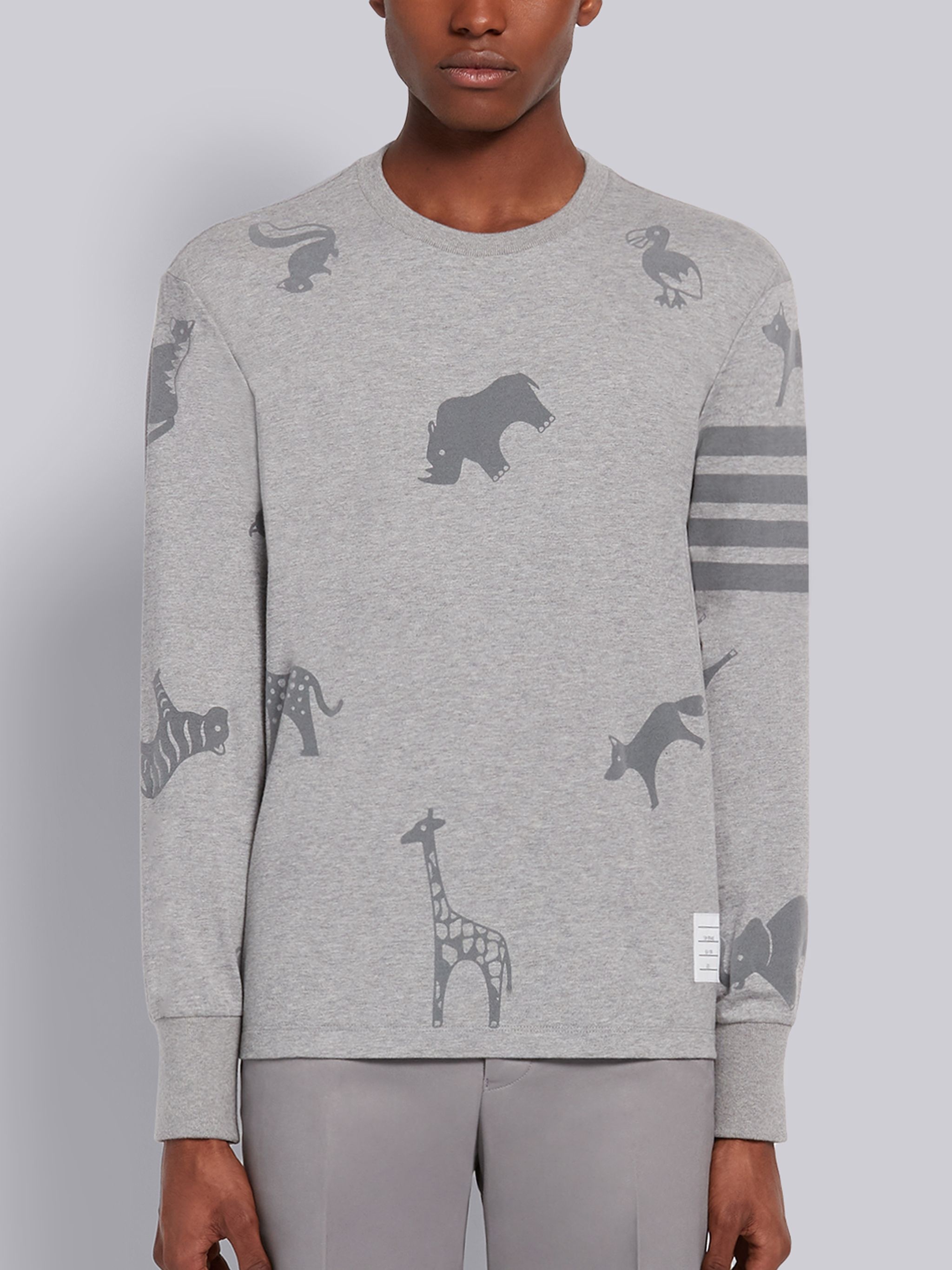 Light Grey Cotton Jersey Tonal Multi-Animal Icon 4-Bar Long Sleeve Tee - 1