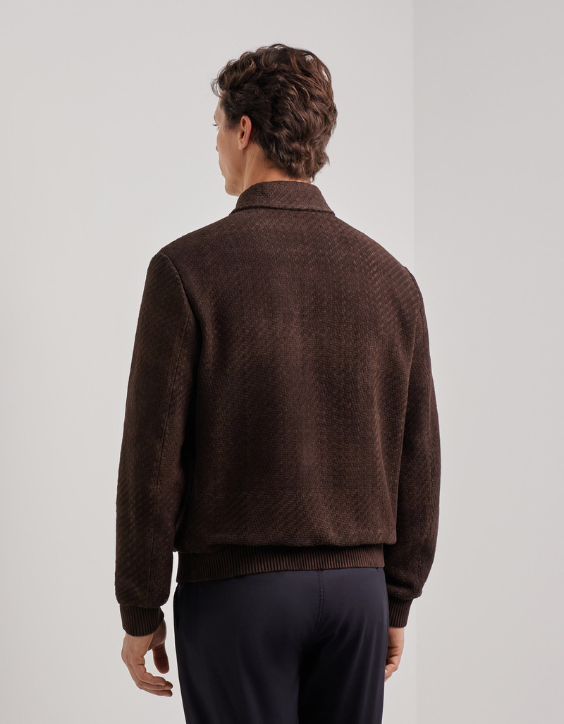 CARAMEL MIXED-MATERIAL ULTRALIGHT SUEDE BOMBER JACKET WITH KNIT INSERTS 59