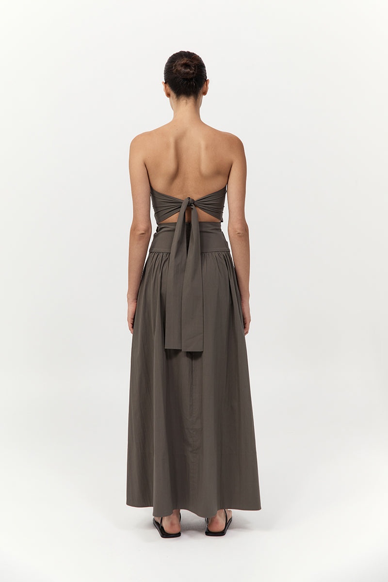 Gathered Strapless Tie Back Dress - Khaki - 6