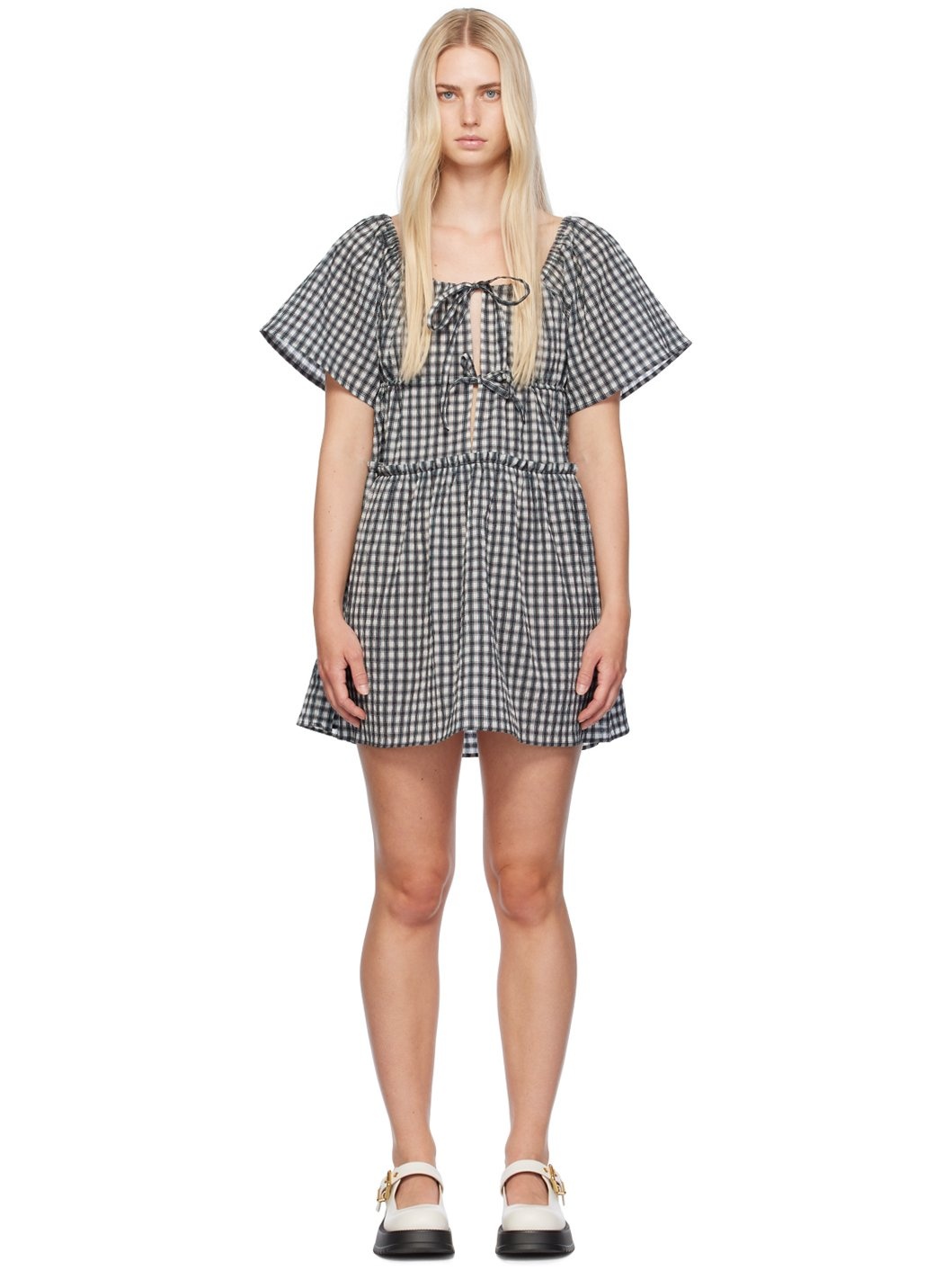 Off-White & Gray Check Minidress - 1