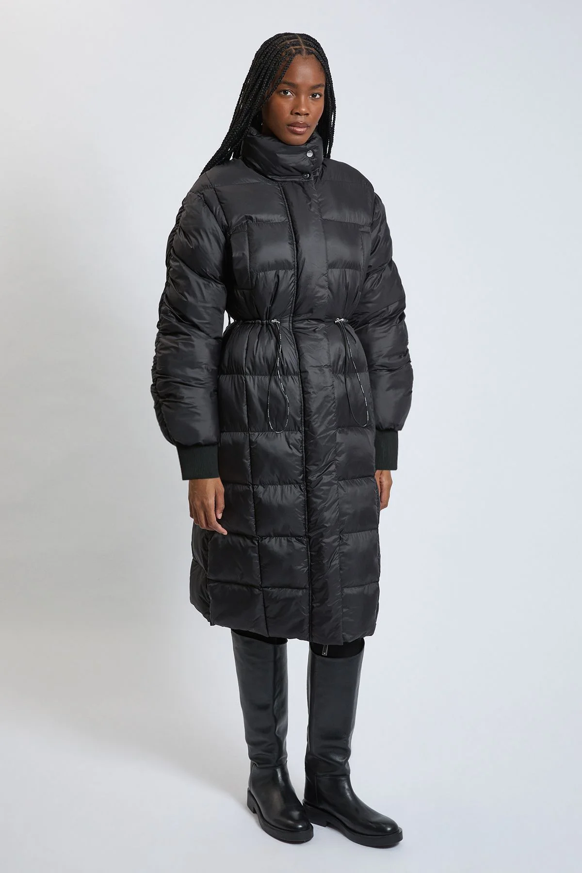 Square Padded High Neck Long Coat - 1