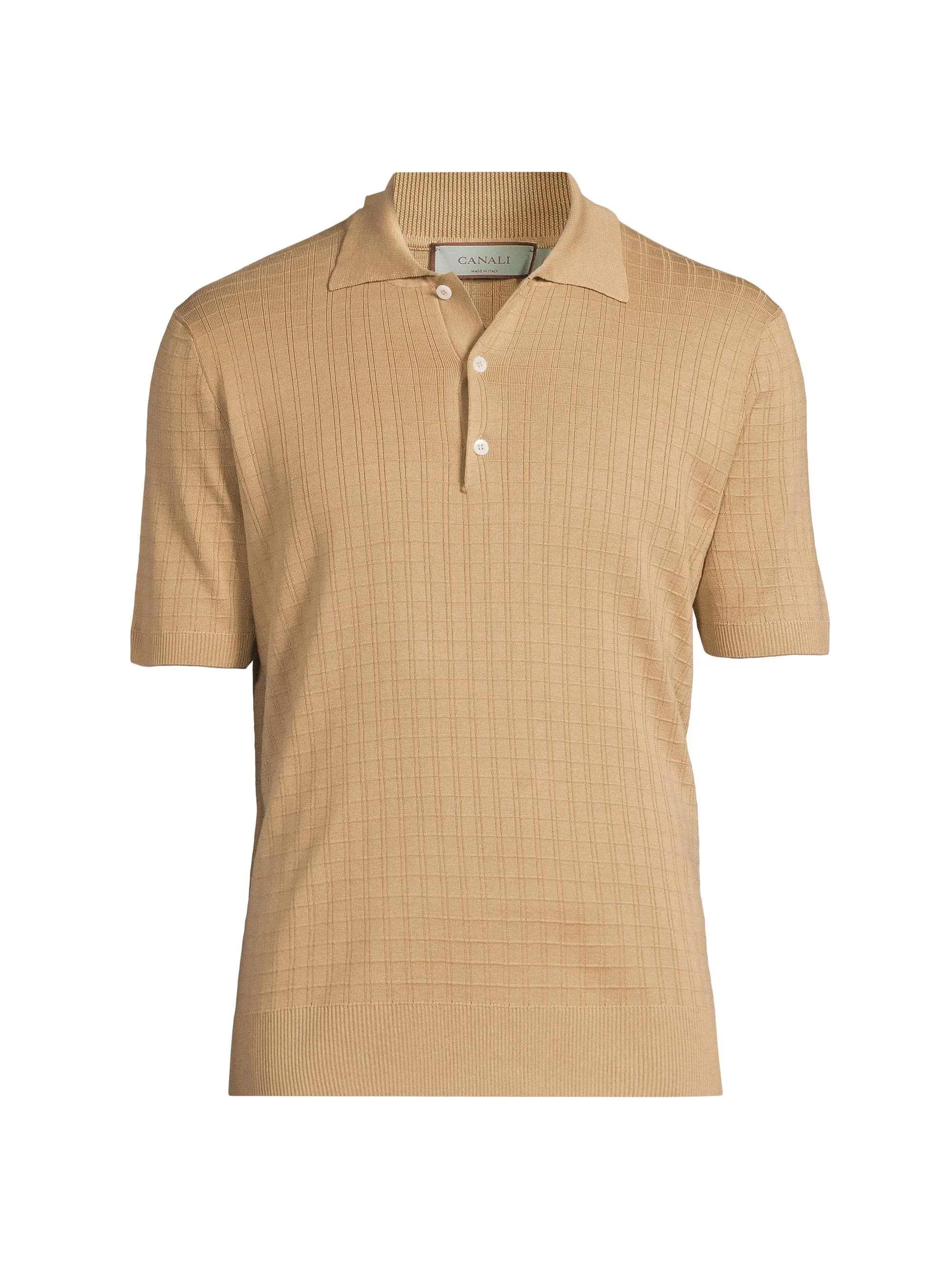 Men's Grid Silk-Cotton Polo Shirt - Light Brown - 1