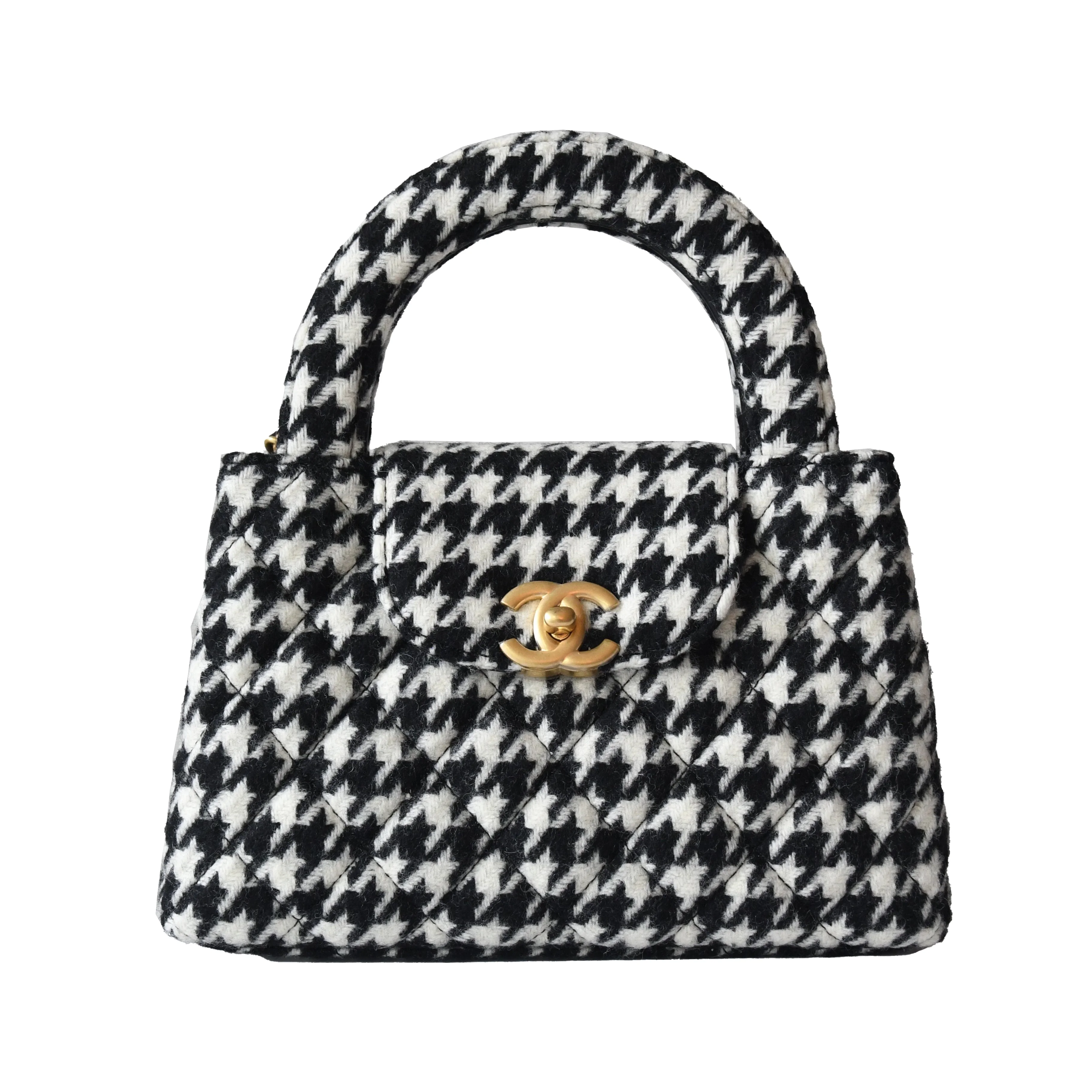 Chanel Tweed Houndstooth Quilted Nano Kelly Handbag Gold Hardware Black White - 1