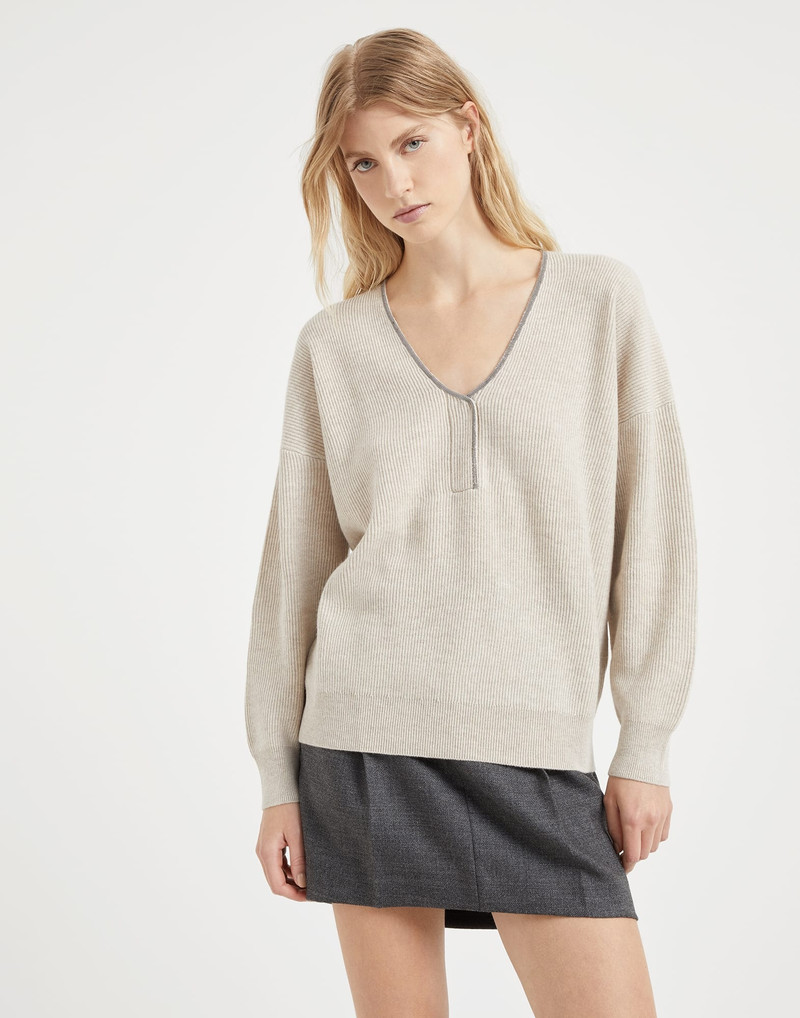 Cashmere English rib sweater with shiny neckline 1