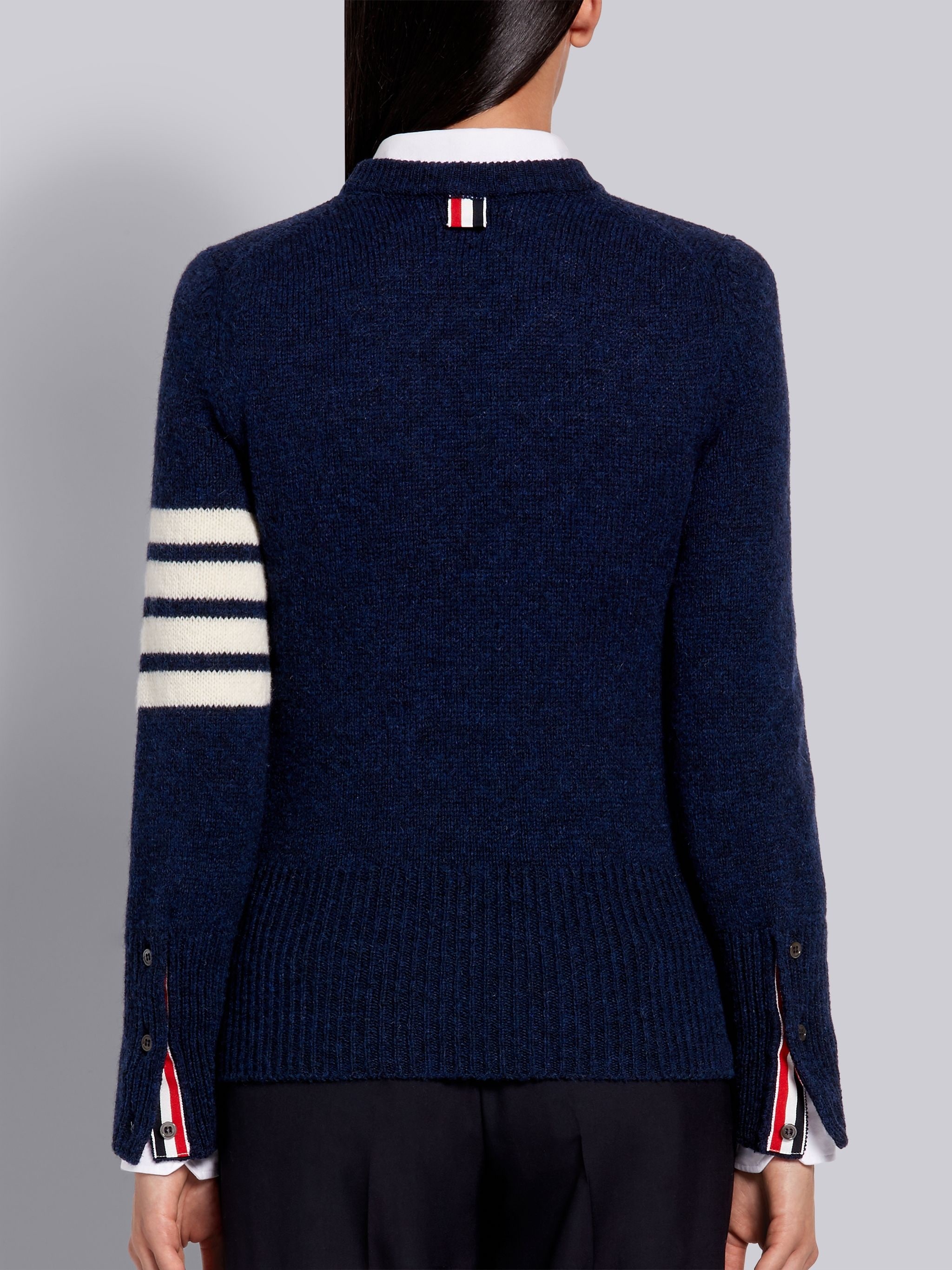 Navy Shetland Wool Jersey Classic Crewneck 4-Bar Pullover - 3