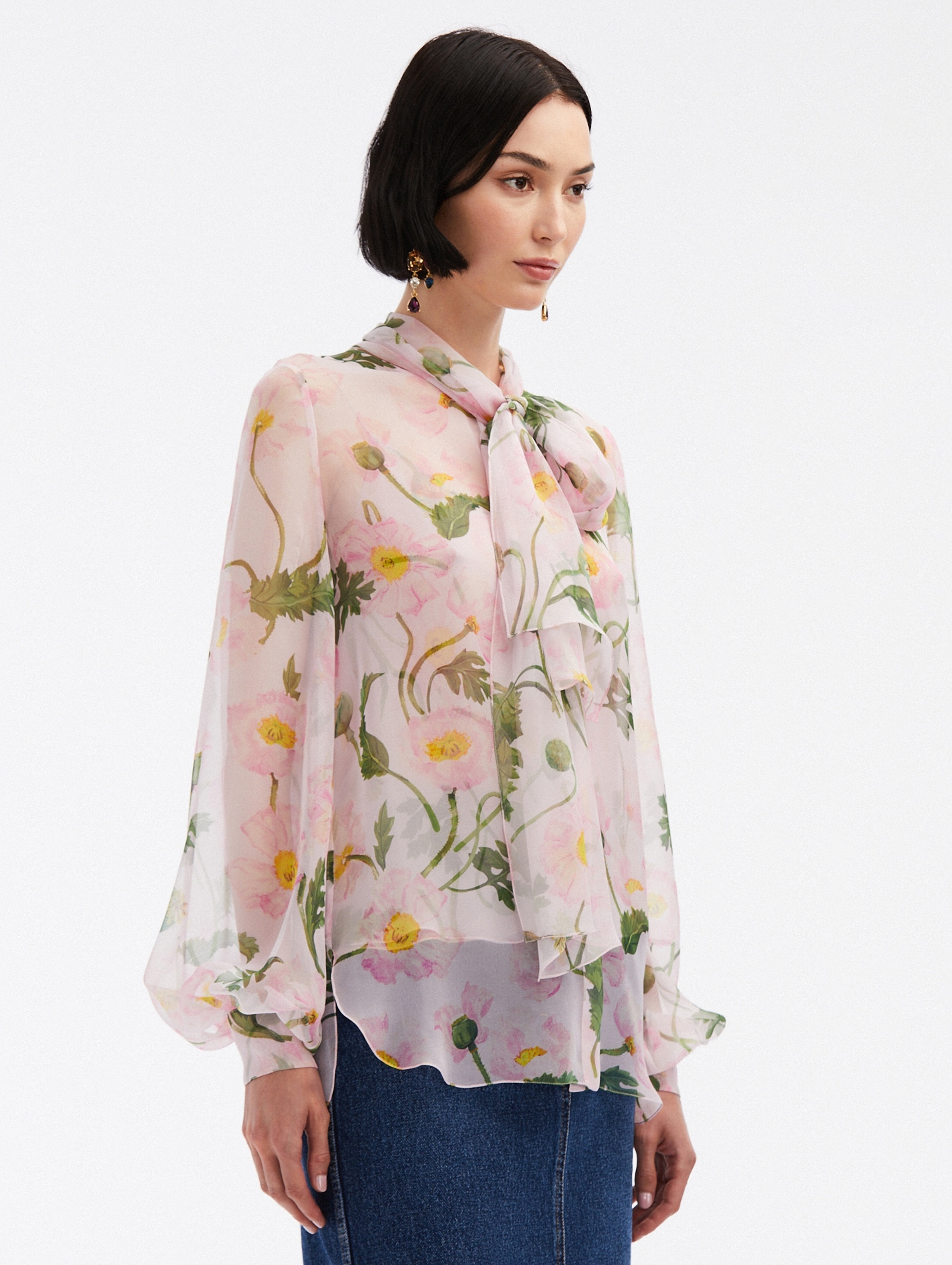 PAINTED POPPIES TIE-NECK CHIFFON BLOUSE - 3