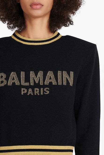 Cropped black wool sweatshirt with gold Balmain logo - 6