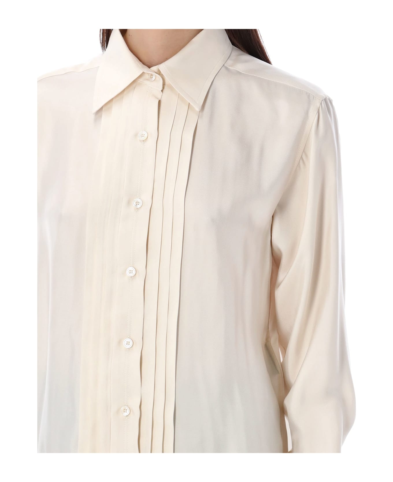 Fluid Viscose Silk Twill Shirt With Plisse Plastron - 3