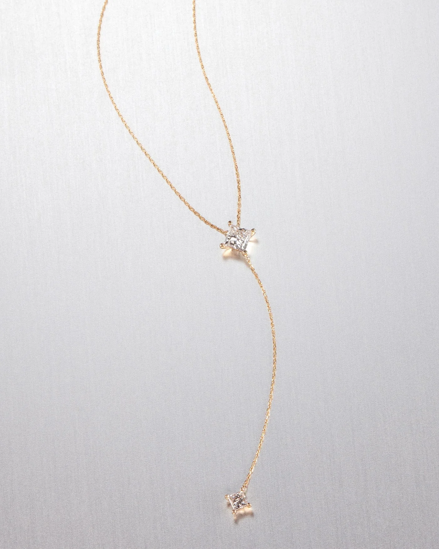 14K Princess Cut Double Diamond Lariat Necklace - 1