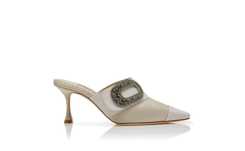 Light Beige Satin Jewel Embellished Buckle Mules 1