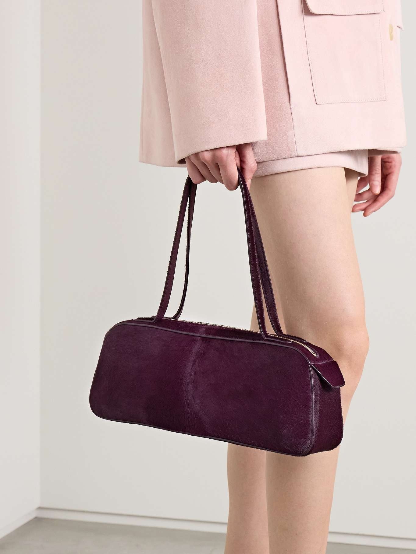 Simona leather-trimmed calf hair shoulder bag Burgundy - 2