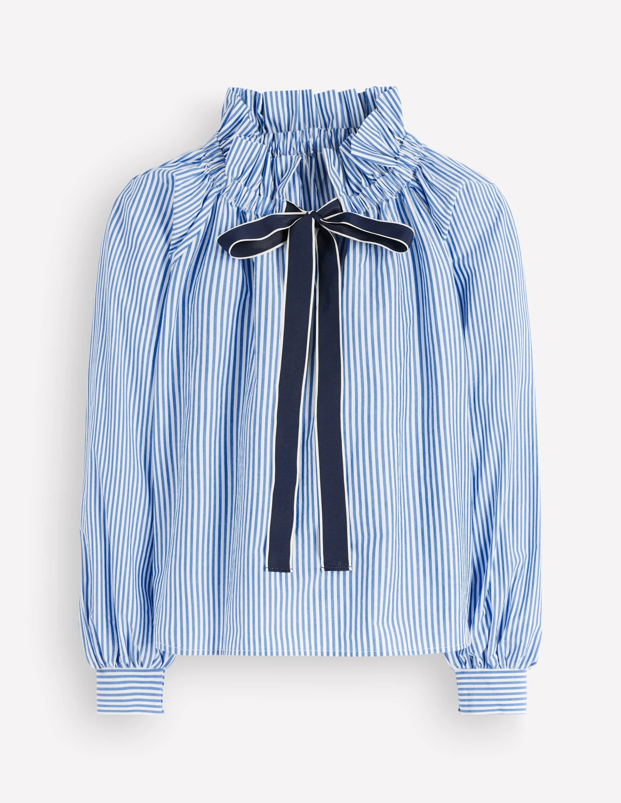 Bow Neck Ruffled Top-Bright Blue, Ivory Stripe - 1