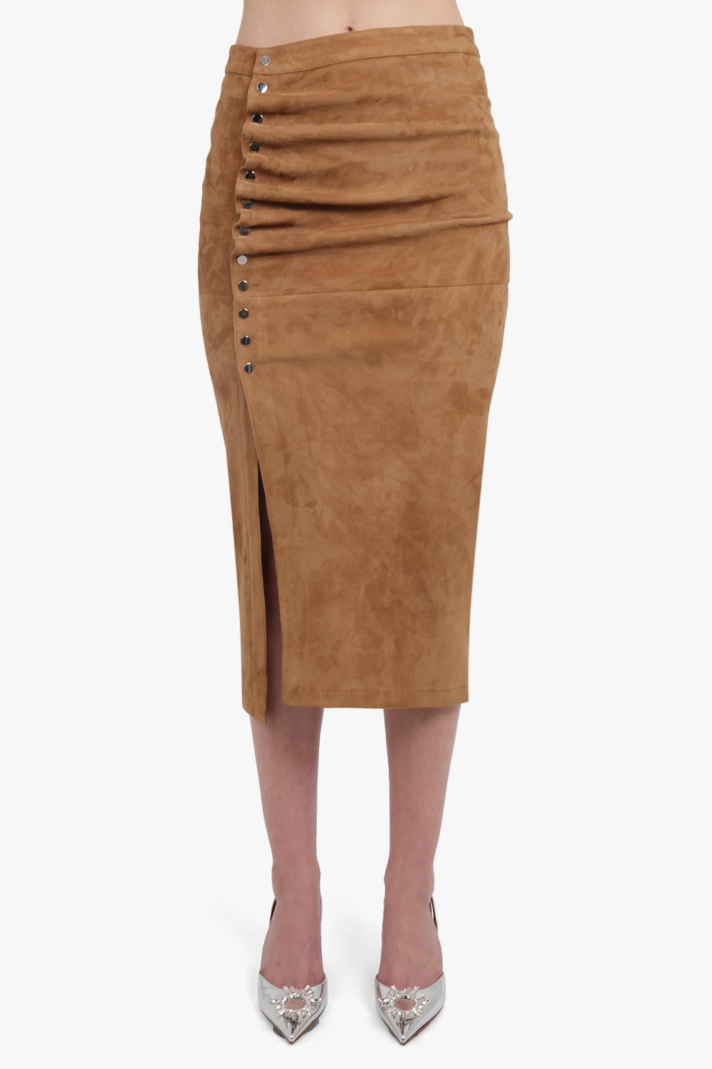 ASYMMETRIC RUCHED LEATHER MIDI SKIRT | NEW CARAMEL - 3