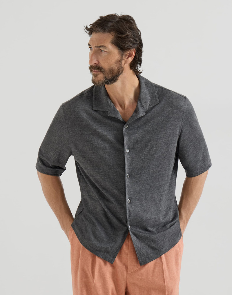 Linen and cotton mélange jersey short sleeve shirt with camp collar 4