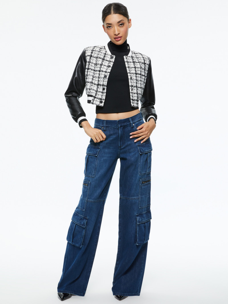 Alice + Olivia CAMELIA CROPPED COMBINATION VARSITY JACKET outlook