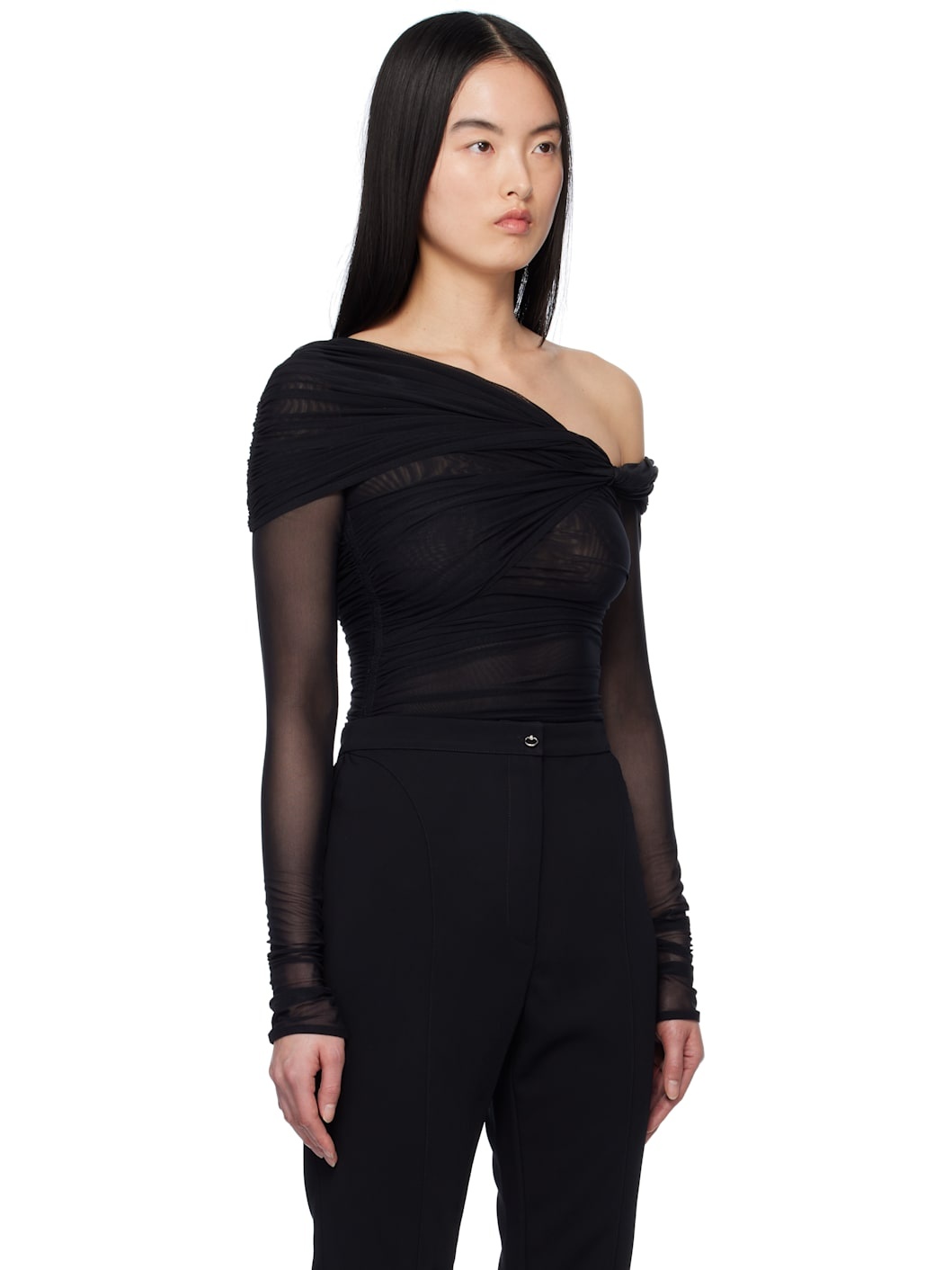 Black Off-Shoulder Ruched Bodysuit - 2