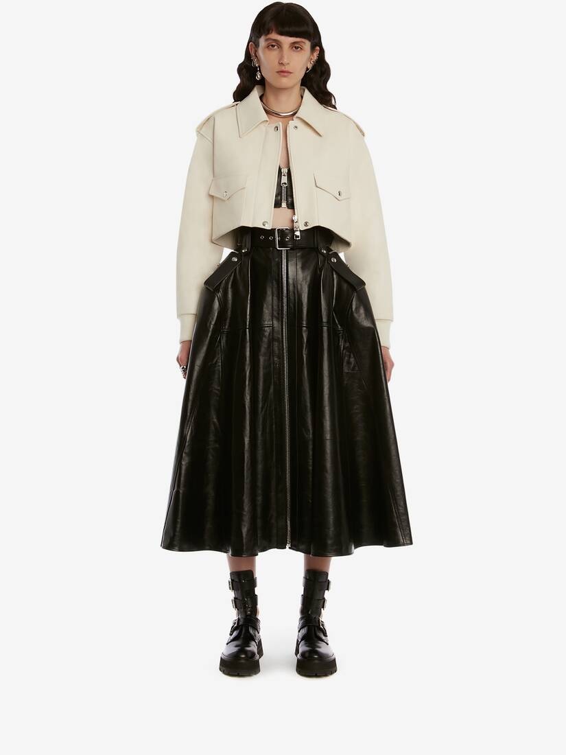 Leather Cropped Aviator Jacket in Ivory - 2