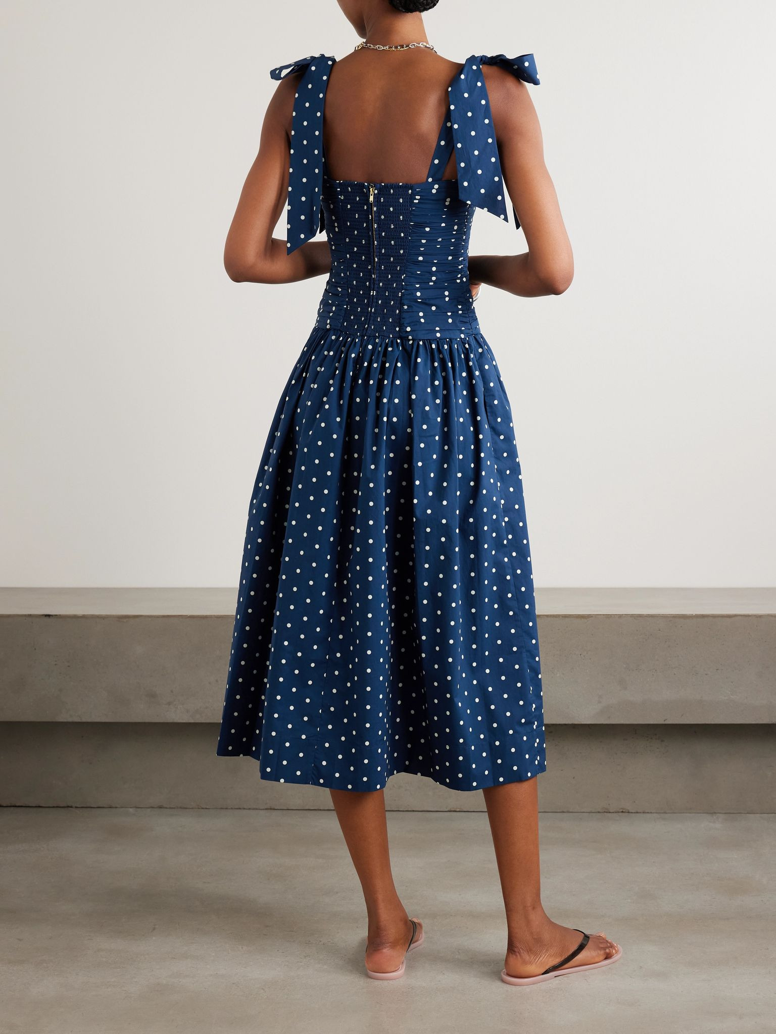 Rahi tie-detailed ruched gathered polka-dot cotton midi dress Navy - 3