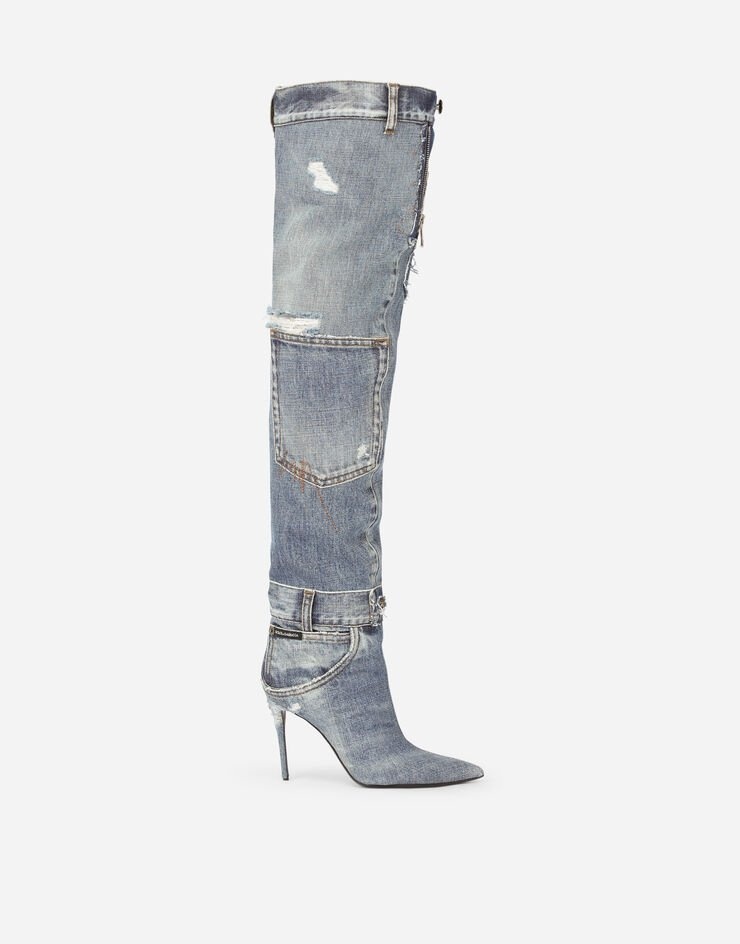 Patchwork denim over-the-knee boots - 1