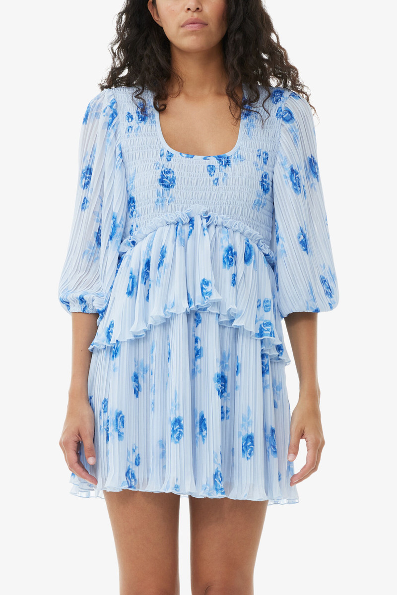 BLUE PLEATED GEORGETTE FLOUNCE SMOCK MINI DRESS 3