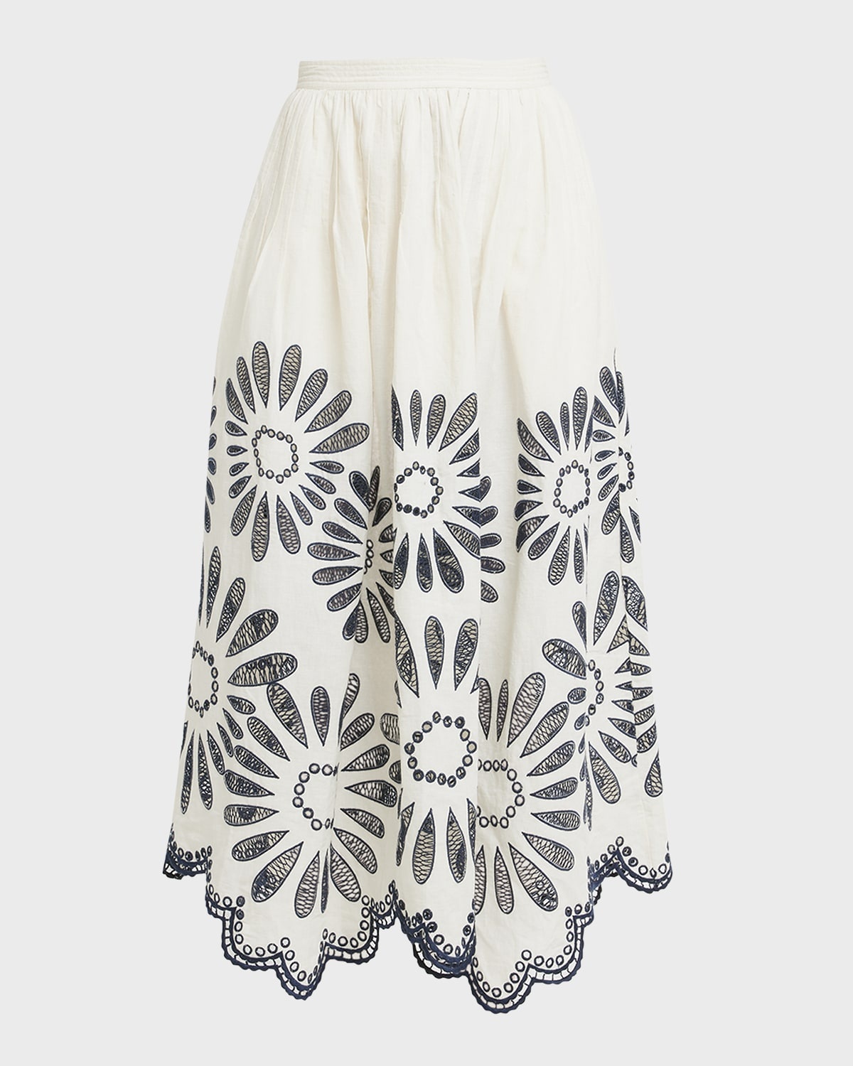 Annisa Embroidered Linen Cotton Scalloped Midi Skirt - 1