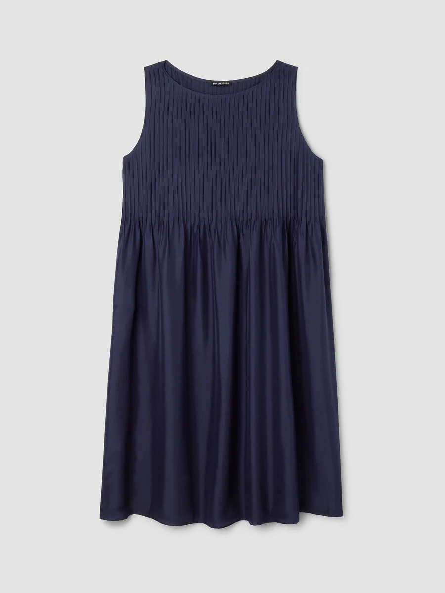 Pleated Silk Bateau Neck Dress - 1
