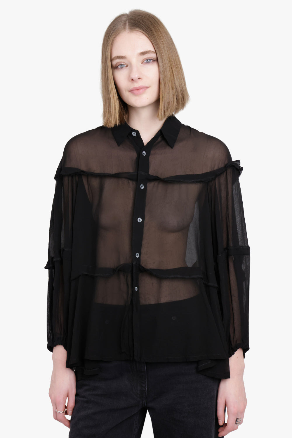 SHEER BALLOON SLEEVE PANEL DETAIL L/S SHIRT | BLACK - 2