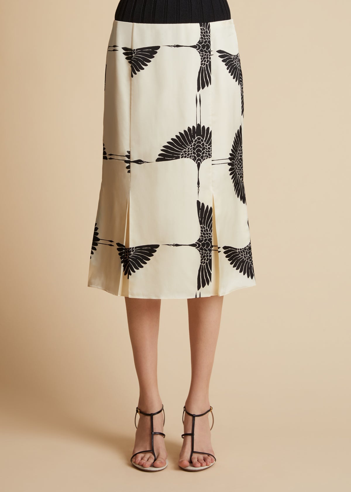 The Levy Skirt in Cream and Black Crane Print - 1