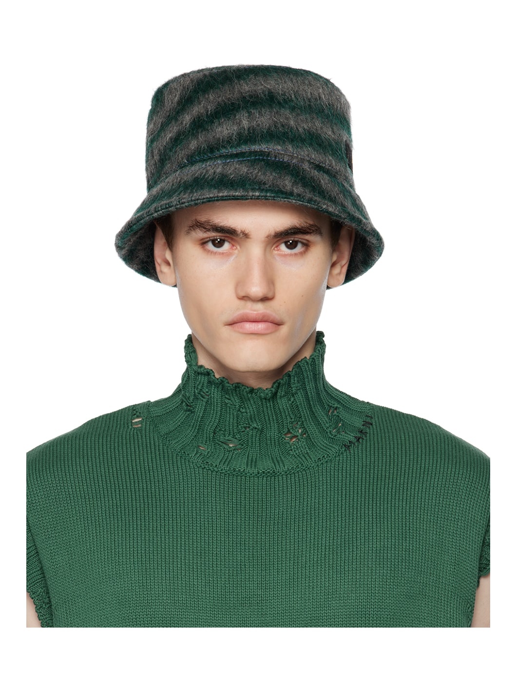 Green & Gray Striped Bucket Hat - 1