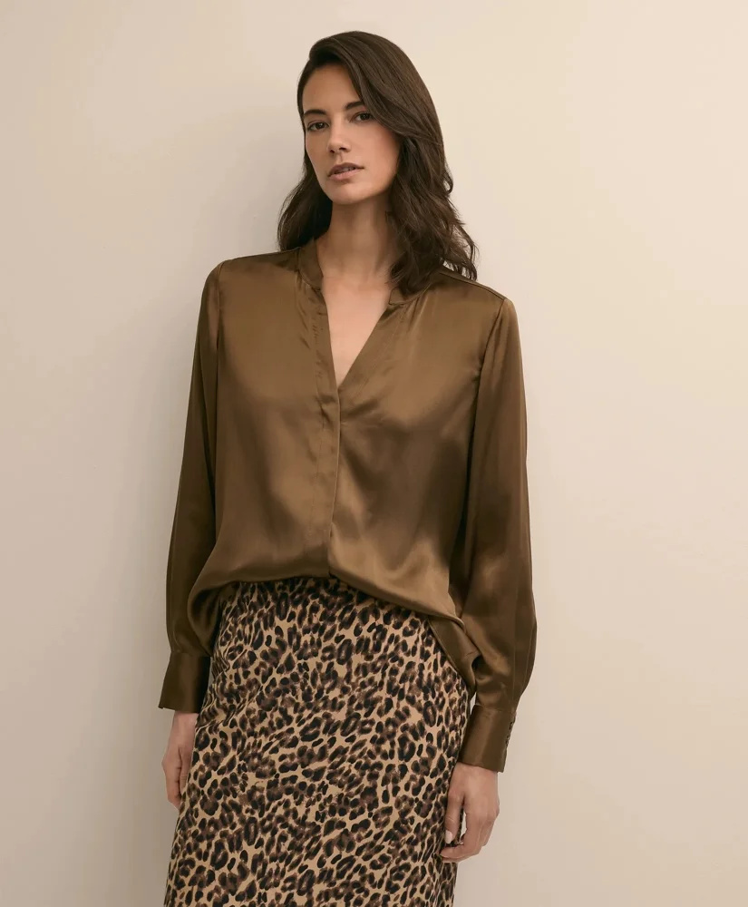 Silk Open V-Neck Blouse - 1