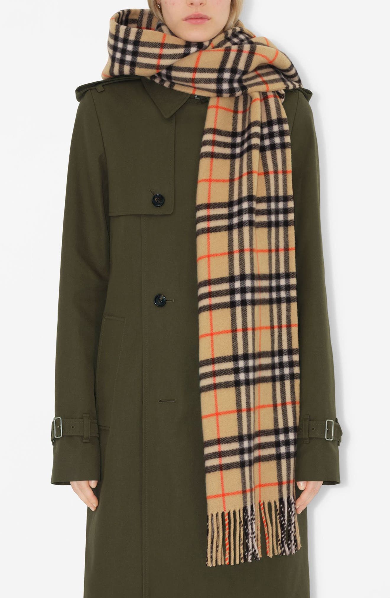 burberry Check Hooded Cashmere Fringe Scarf in Sand at Nordstrom - 2